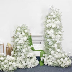 Snow White Rose Wedding Pillar Flowers,Babys breath Flower Row Wedding Horn Arch Floral Arrangement Party Decor Arbour Flowers,Wedding Arch