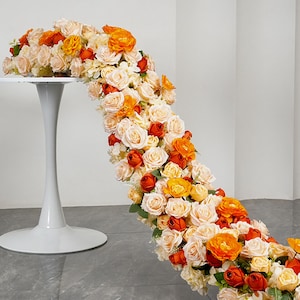 Orange Rose Tulips Flower Row,Champagne Rose Flower Garland,Flower Runner for Autumn Wedding Reception Stage Party Engagement Home Decor