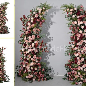 Retro Blush Burgundy Rose Greenery Wedding Flower Arrangement Horn Arch Artificial Flower Row Wedding Backgdrop Flower Garland Party Decor