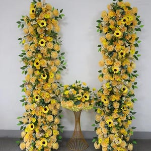 Sunflower Yellow Rose Greenery Flower Row 5D Wedding backdrop Horn Archway Floral Runner Arrangement Party Event Decor,Wedding Pillar Flower