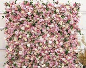 Pink White Rose Greenery Artificial Flower wall,Roll Up Cloth Fabric Flower Wall For Wedding Backdrop Ceremony Party Stage Baby Shower Decor