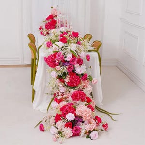 BabysBreath Flower Runner,Flower Garland Wedding Reception,Hot Pink Red Rose Hydrangea Table Flower Row,Wedding Centerpiece for Party Decor