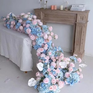 Wedding Backdrop Artificial Flower Runner,Blue Pink Wedding Arch Flower Row,Wedding Pink Flower Garland,Floral Arrangement Aisle Floor Decor