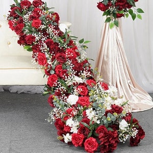 Burgundry Rose Flower Runner,Red Flower Garland Arch Wedding Reception,White Baby Breath Greenery Table Flower Row,Flower Party Event Props