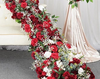 Burgundry Rose Flower Runner,Red Flower Garland Arch Wedding Reception,White Baby Breath Greenery Table Flower Row,Flower Party Event Props