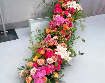 Orange Hot Pink Rose Flower Runners,Green plant Table Flower Row,Flower Garland Wedding Reception,Wedding Centerpieces for Party Home Decor