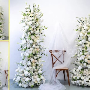 Ivory White Rose Green Leaves Wedding Pillar Flower,Flower Row Wedding backdrop Horn Arch Floral Arrangement Party Stage Decor Arbour Flower