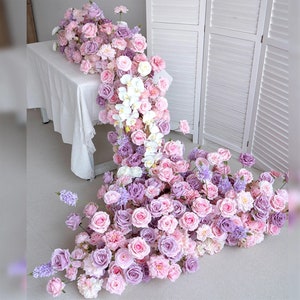 Purple Pink Rose Flower Runner,Flower Garland,Table Flower Row,Wedding Reception Table Runner,Flower Arrangement Wedding Party Event Decor