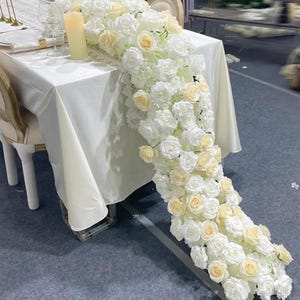 White Champagne Rose Silk Flower Runner,Flower Garland Wedding Reception,Table Flower Row,Wedding Centerpieces for Party/Bridal Shower Decor