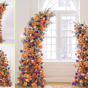 Purple Orange Rose Summer 5D Wedding Pillar Flower,Flower Row Wedding backdrop Horn Arch Floral Arrangement Party Stage Decor Arbour Flower