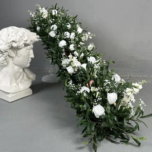 Greenery Table Flower Row,White Rose Flower Garland,Artificial Flower Runner for Wedding Stage Party Engagement Home Shop Decor,Flower Arch