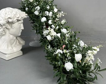 Greenery Table Flower Row,White Rose Flower Garland,Artificial Flower Runner for Wedding Stage Party Engagement Home Shop Decor,Flower Arch