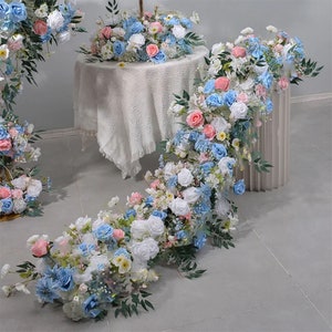 White Baby Breath Garland,Blue White Rose Flower Runner,Wedding Reception Table Runner,Road Lead Flower,Artificial Flower Arrangement Decor