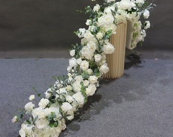White Rose and Eucalyptus Wedding Arch Flower Row,Spring Flower Garland,Table Flower Runner for Wedding Backdrop Party Engagement Home Decor
