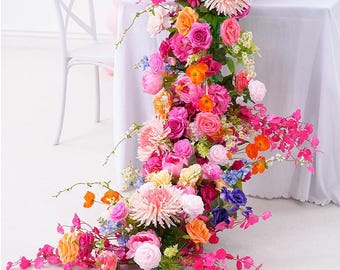 Daisy Orange Hot Pink Rose Flower Runner,Wedding Centerpieces Table Flower Row,5D Flower Garland Wedding Reception,Table Floral Runner Props