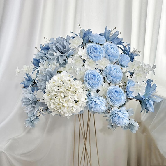 Artificial Chrysanthemum & Hydrangea Silk Flower Bouquet – White & Blue, 18.5 Inch Tall, For Home, Wedding, Office Decor