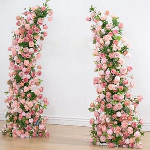 Eucalyptus Green Leaf Pink Blush Rose Flower Row Wedding backdrop Horn Arch Floral Arrangement Party Decor,Luxury Rose Wedding Pillar Flower