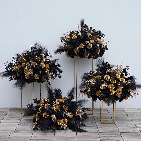 Feather Gold Black Rose Silk Flower Ball,Flower Ball For Wedding Banquet Road lead/Business Party/Bridal Shower/Home Table Centerpiece Decor