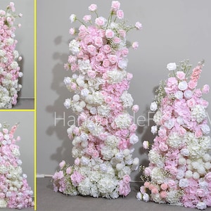 Pink White Rose Hydrangea Wedding Pillar Flower,5D Flower Row Wedding backdrop Horn Arch Floral Arrangement Party Stage Decor Arbour Flowers