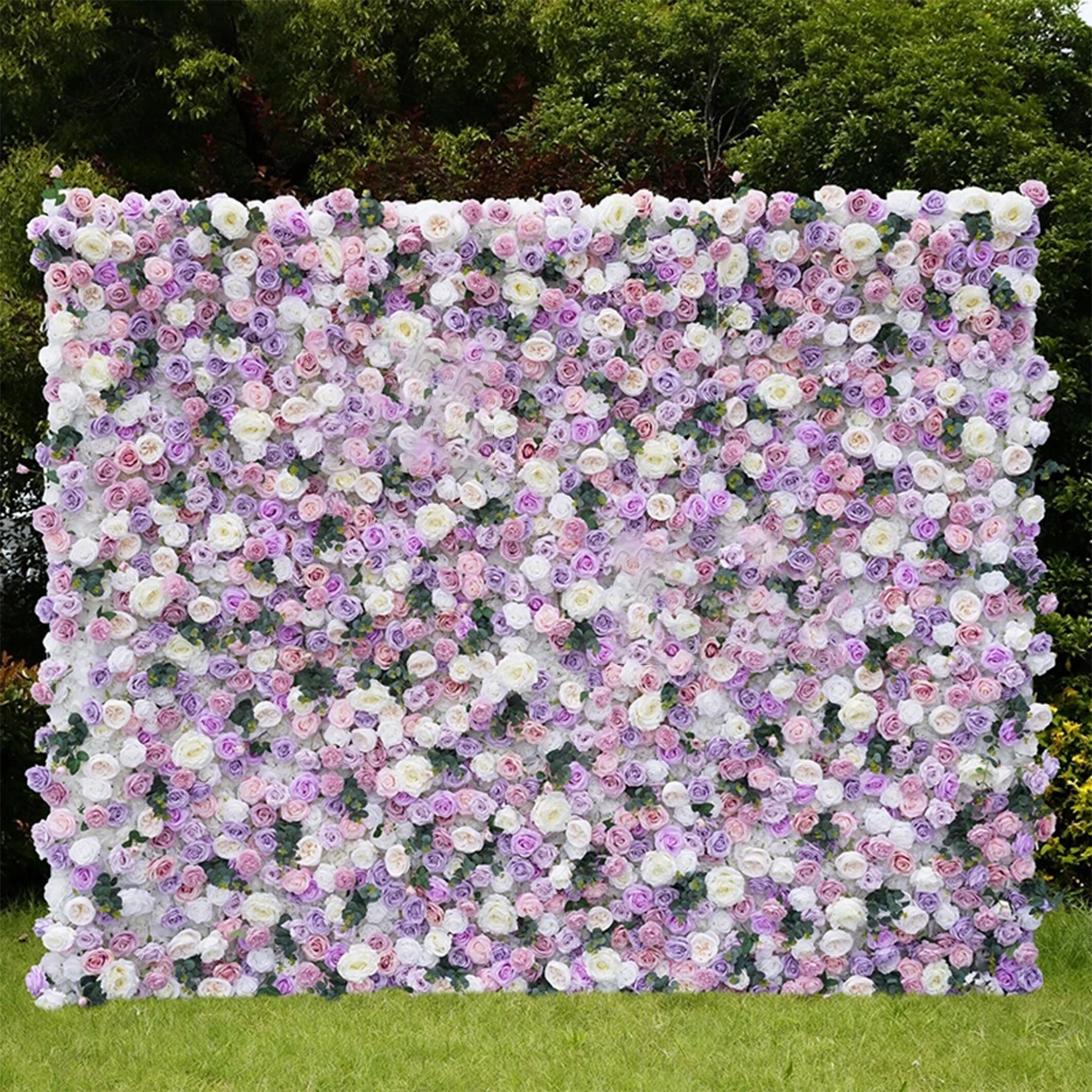 Ivory Purple Rose Green Leaf artificial floral wall Wedding Arrangement,Roll Up Curtain Cloth Flower wall For Wedding Party Event Home Decor