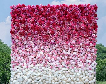 Luxury Gradient Hot Pink White Floral wall Arrangement,5D Rose Roll Up Cloth Curtain Flower wall For Wedding Backdrop Party Event Home Decor