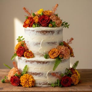 May include: A two-tier naked cake with white frosting, decorated with vibrant autumn-colored flowers including red roses, orange marigolds, and peach carnations, accented with green fern leaves and thin brown twigs placed on the top and base tiers.