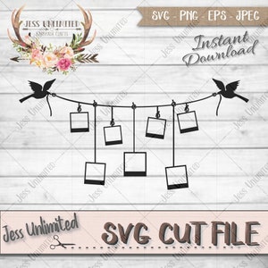 May include: Black and white silhouette of a string of six picture frames hanging from a line with birds on each end. The frames are all the same size and shape, and they are hanging from the line with clothes pegs. The birds are flying in opposite directions. The background is a white woodgrain pattern.