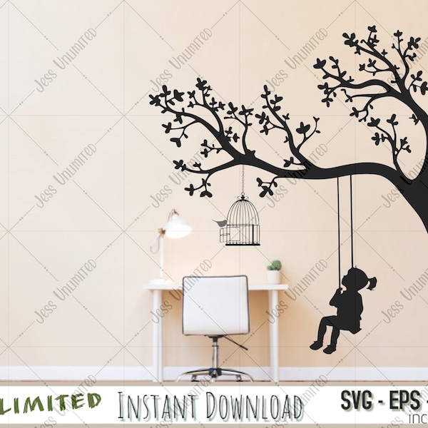 Rope Swing SVG || Wall Decal || Girl on Swing  || Tree Swing SVG File || Swinging Girl SVG || Silhouette Cut File