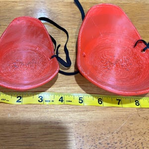 May include: Two red plastic eye masks with black elastic straps. The masks are about 3 inches wide and 4 inches long.