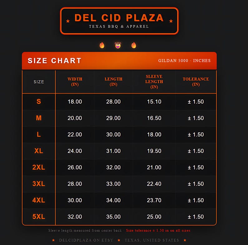 May include: A black and orange size chart for Gildan 5000 apparel from Del Cid Plaza Texas BBQ & Apparel. The table lists sizes S through 5XL with corresponding width, length, and sleeve length measurements in inches, plus a tolerance of 1.50 inches.