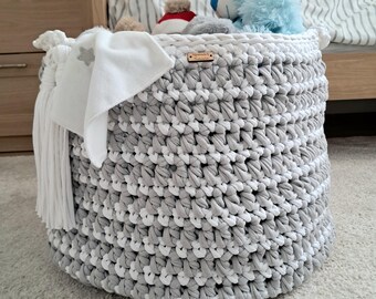 Handmade Crochet Basket | Large Laundry Basket | Storage Basket | Utility Storage | White and Grey | Extra Large | Knitted Basket |