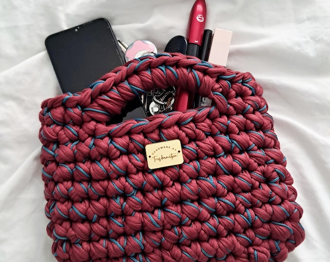 Featured listing image: Mini Crochet Bag | Handmade Small Tote Bag  | Chunky Crochet Purse | Tshirt Yarn Bag | Boho Accessories | UK Crochet Bag