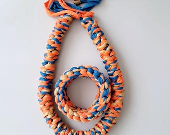 Multicolour Boho Statement Necklace and Bracelet set | Chunky Fabric Crochet Necklace | Yarn Jewellery | Knitted Bracelet| Boho Jewellery