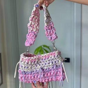 Crochet Multi Color Shoulder bag, Handmade Purse with T-Shirt Yarn | Gifts for Her