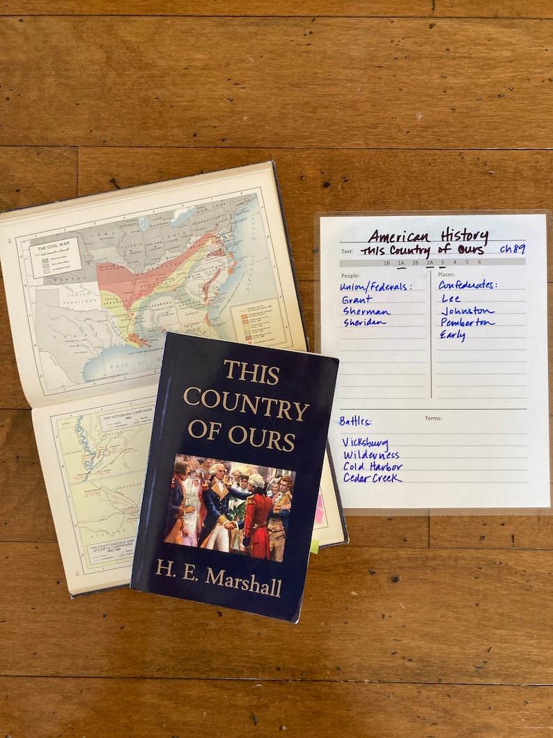 Pu&ograve; includere: Un libro rilegato in blu intitolato "This Country of Ours" di H.E. Marshall. La copertina del libro presenta un gruppo di persone in abiti d'epoca. Sullo sfondo &egrave; visibile un elenco manoscritto di battaglie, persone e luoghi legati alla storia americana.