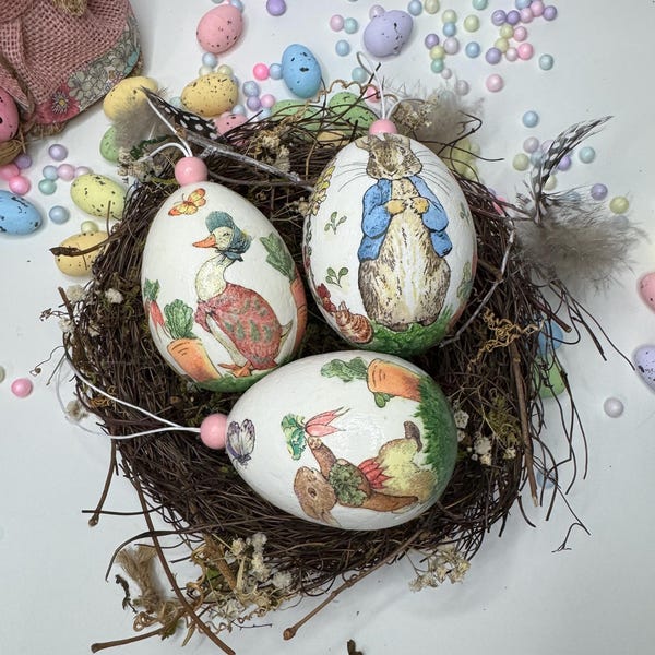 Peter Rabbit Decoupage Easter Eggs, Rustic Hanging Decorations, Set of 6
