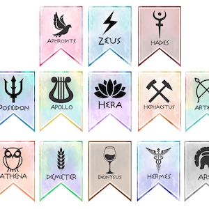 Simboli degli dei greci Banner / elenco fisico / 13 simboli di divinità greche laminate / Perfetto per Percy Jackson o feste di mitologia greca.
