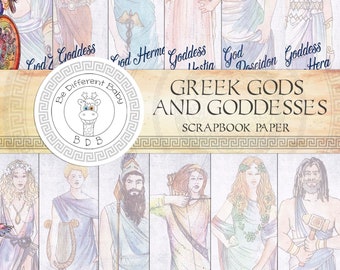 May include: A set of digital scrapbook paper featuring illustrations of Greek gods and goddesses. The paper includes images of Zeus, Hera, Poseidon, Hermes, Hestia, Aphrodite, Apollo, Ares, Demeter, and Hephaestus. The paper is designed with a light blue and white color scheme and features a whimsical style.