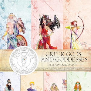 Greek Gods and Goddesses Scrapbook paper. Downloadable papers beautifully illustrated with God Zeus, Goddess Athena and 12 Olympian Gods. image 1