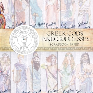 Greek Mythology Scrapbook paper. Downloadable papers beautifully illustrated with God Zeus, Goddess Athena and all 12 Olympian Gods.