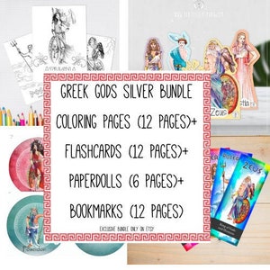 Greek Gods Silver Bundle/ Coloring pages, flashcards, paperdolls, Bookmarks for 12 Olympian Gods and Goddesses.42 pages, Exclusive on etsy