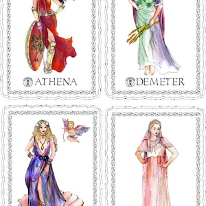 Puede incluir: Cuatro tarjetas ilustradas con diosas griegas. Cada tarjeta tiene un fondo blanco con un borde decorativo y un c&iacute;rculo que contiene el nombre de la diosa. Las diosas son Atenea, Dem&eacute;ter, Afrodita y Hestia.