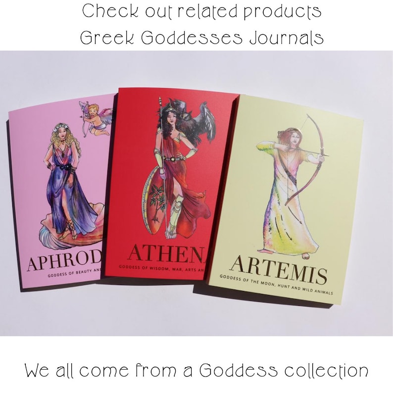 May include: Three colorful journals with illustrations of Greek goddesses. The journals are titled "Aphrodite", "Athena", and "Artemis" with their respective titles below. The text "We all come from a Goddess collection" is at the bottom of the image.