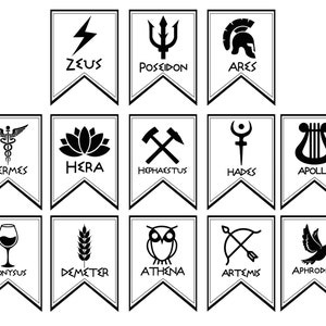May include: Black and white illustrations of Greek gods and goddesses with their symbols. The symbols include a lightning bolt, trident, helmet, caduceus, lotus flower, hammer and anvil, key, lyre, wine glass, wheat stalk, owl, bow and arrow, and dove.