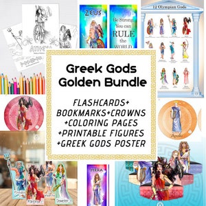 Greek Mythology Golden Bundle/ Greek Gods Flashcards+Bookmarks+Printable Figures+Coloring Pages+Crowns+Poster/59 pages in total