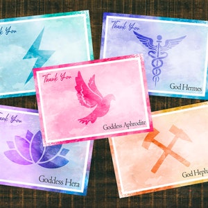 Symboles des dieux grecs Cartes de remerciement/Cartes inspirées de Percy Jackson/13 cartes avec chaque symbole Dieu/Déesse, parfaites pour les fêtes de mythologie grecque.