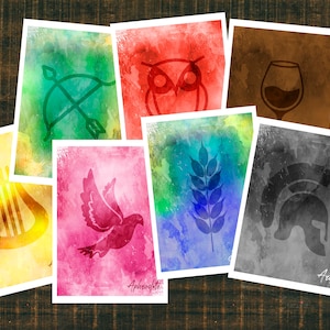 Cartões de símbolos de deuses gregos/cartões inspirados em Percy Jackson/13 cartões com cada símbolo de Deus/Deusa, perfeitos para festas de mitologia grega!