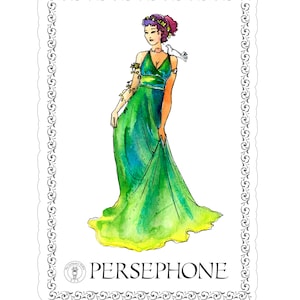 Puede incluir: Una ilustraci&oacute;n de acuarela de Pers&eacute;fone, una diosa griega, vestida con un vestido verde con una paloma blanca posada en su hombro. La ilustraci&oacute;n est&aacute; enmarcada con un borde decorativo.