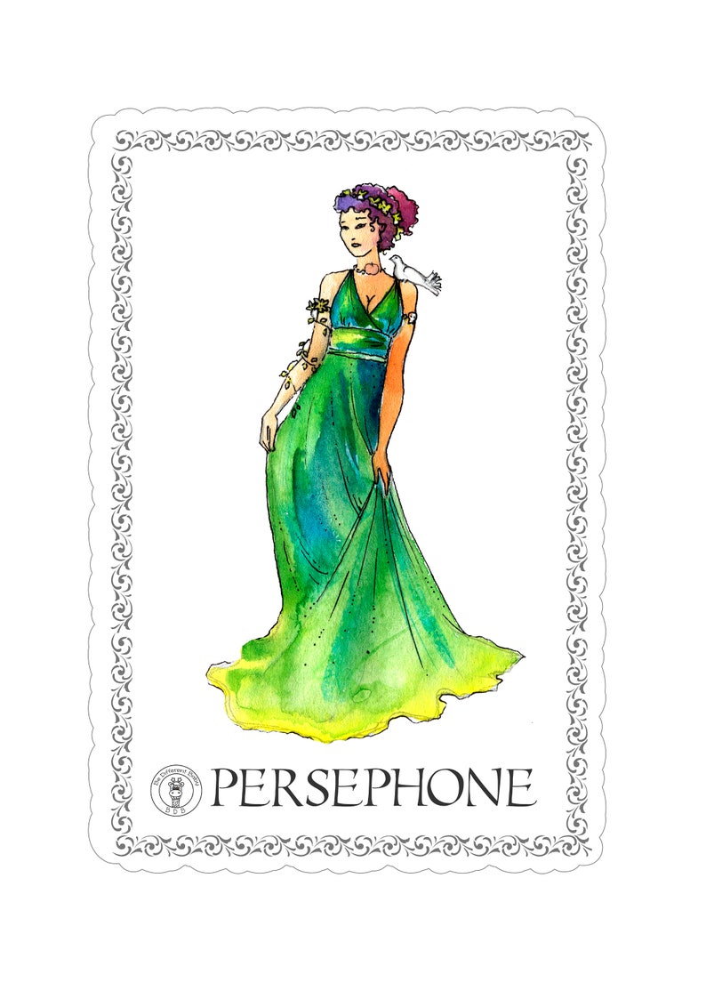 Puede incluir: Una ilustraci&oacute;n de acuarela de Pers&eacute;fone, una diosa griega, vestida con un vestido verde con una paloma blanca posada en su hombro. La ilustraci&oacute;n est&aacute; enmarcada con un borde decorativo.