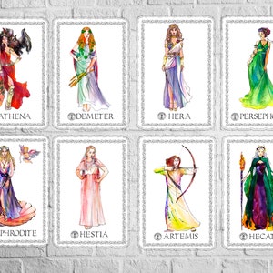 May include: A set of eight illustrated cards featuring the Greek Goddesses Athena, Demeter, Hera, Persephone, Aphrodite, Hestia, Artemis, and Hecate. Each card has a white background with a decorative border and the name of the goddess at the bottom.